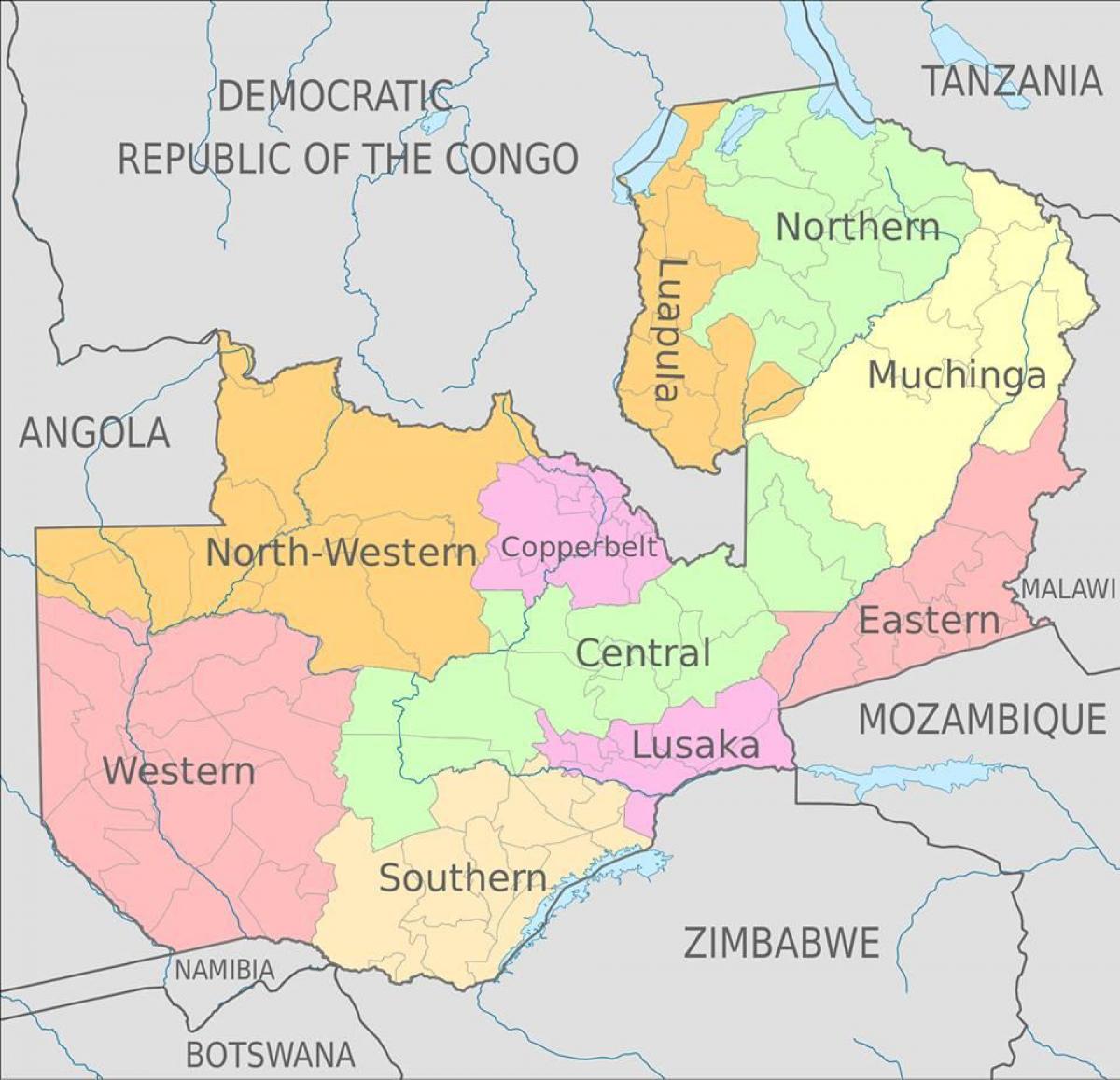 지도 잠비아의를 보여주는 10 개 지역